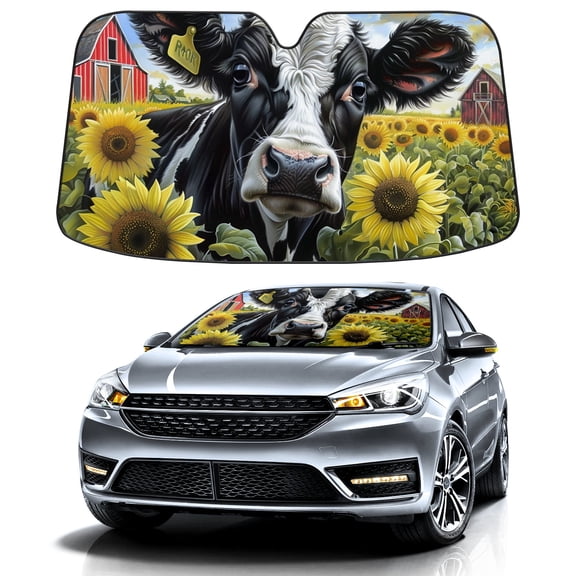 Car Windshield Sun Shade Funny for Car Front Window Cow Sunflower Farm Foldable Car Sunshade Windshield | Vehicle Car Sun Visor UV Rays &Heat Blocker Covers Auto Window Protector