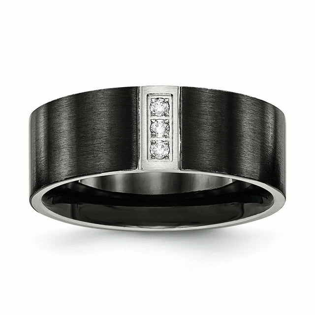 Bague Plate en Acier Inoxydable Noir Brossé IP Trois CZ Taille 13