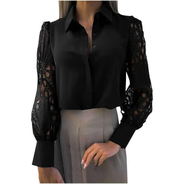 IROINID Clearance Womens Long Sleeve Tops Square Collar Solid Color Lace Splicing Tops,Black