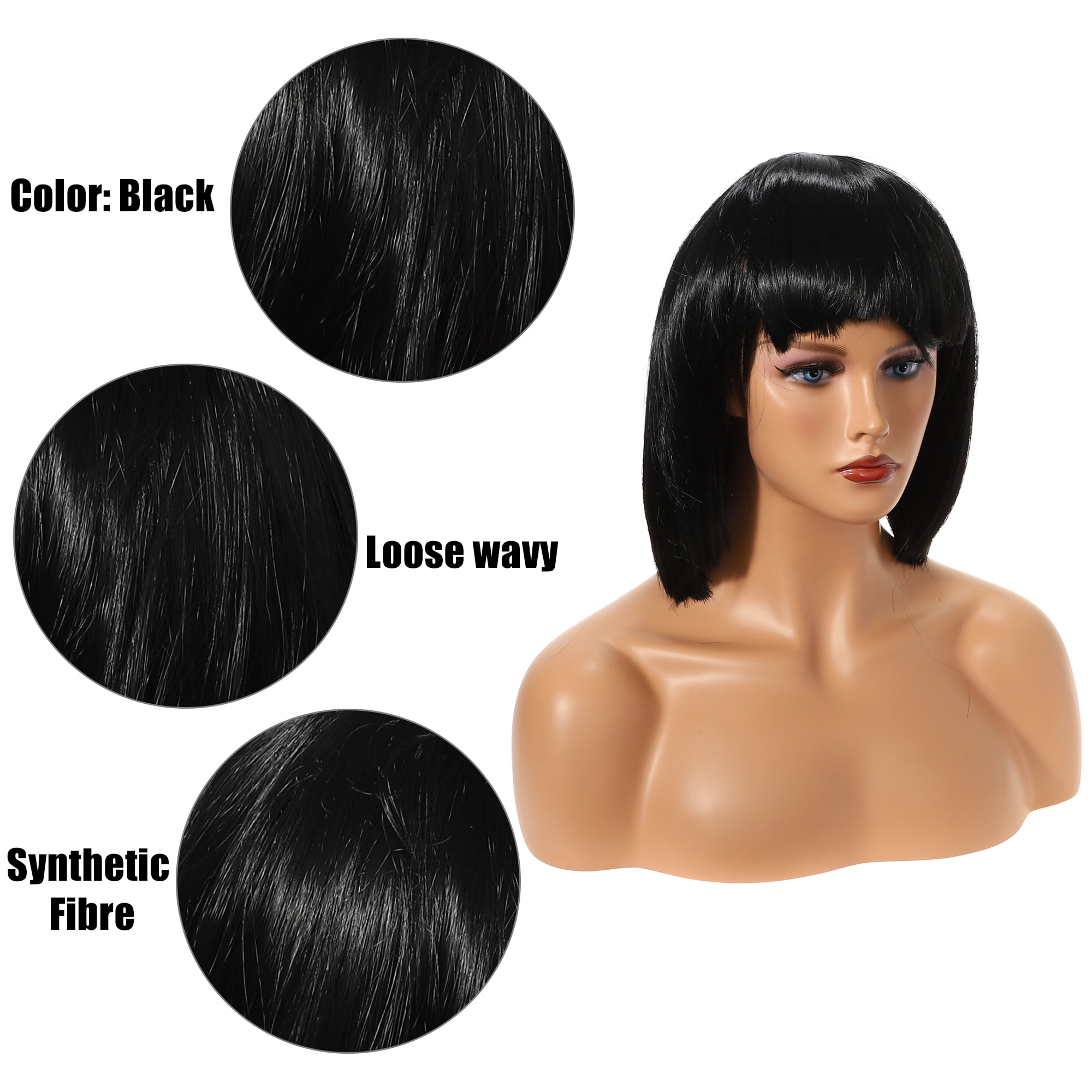 Unique Bargains Human Hair Wigs for Women 12" Black Bob Wig with Wig Cap