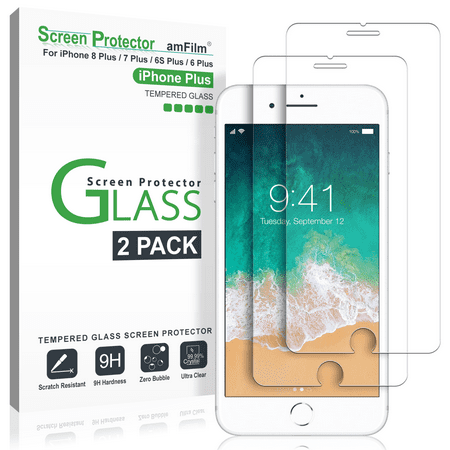 amFilm (2 Pack) Screen Protector for iPhone 8 Plus, iPhone 7 Plus, iPhone 6S Plus, and iPhone 6 Plus - Tempered Glass Screen (Best Glass Protector For Iphone 6 Plus)
