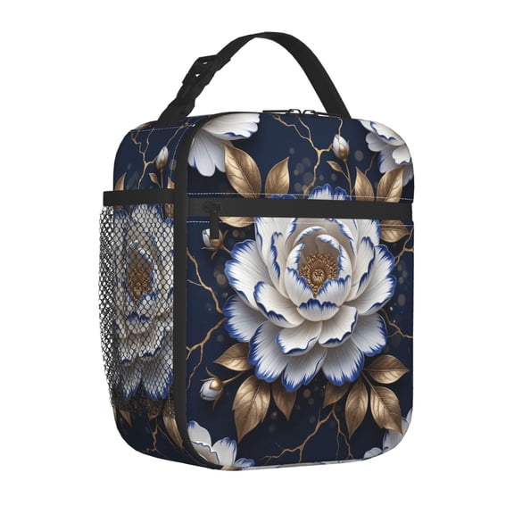 White Rose Lunch Bag Insulated Reusable Cooler Tote Portable Meal Prep Bag Side Mesh Pocket Work Office Picnic