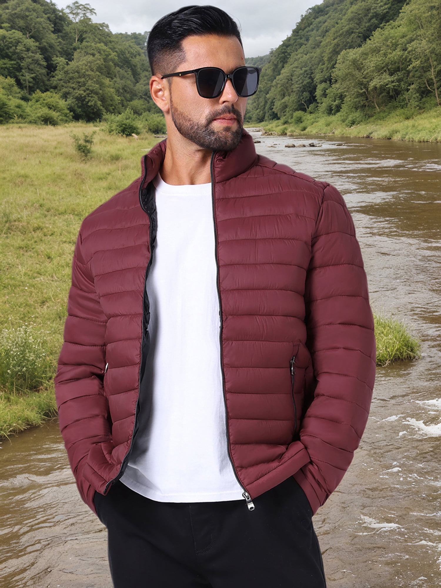DARING DIVA Men's Winter Solid Stand Collar Zipper Quilted Puffer Jacket M Burgundy