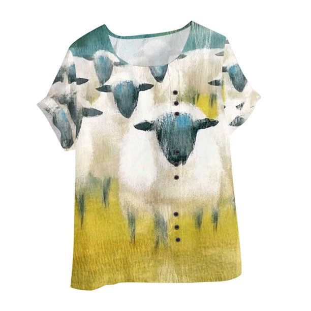 Vestidos Casuales Para Mujer, Blusas De Mujer De Moda Blusa tipo túnica informal de lino con estampado de peces y botones de manga corta para mujer