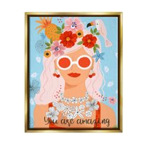Stupell Industries You Are Amazing Motivational Floral Woman Portrait Graphic Art Metallic Gold Floating Framed Canvas Print Wall Art, Design by Sharon Lee