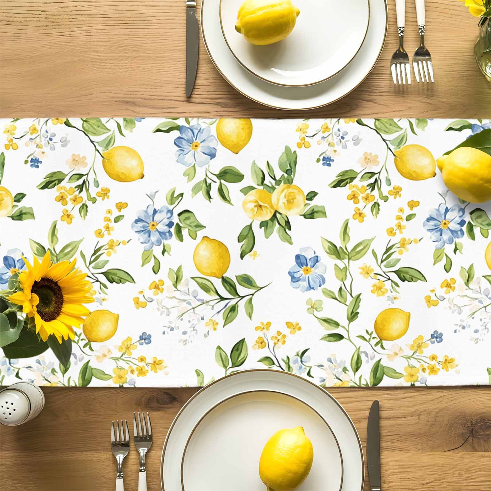 Summer Lemon Green Leaves Table Runner 90 Inches Long, Blue Flower on White Table Runners Tabletop Scarf Kitchen Dining Tables Decoration for Home Party Indoor Outdoor