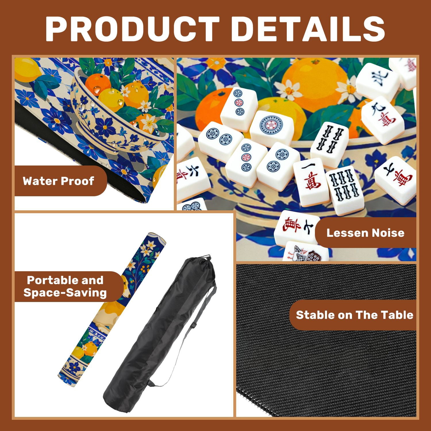 Mahjong Mat 31.5" x 31.5" Cheetah Relaxing Among Blue White Porcelain Citrus Fruits Floral Non-Slip Noise Reduction American Mahjong Tiles Table Cover for Dominoes Poker Card Board Games Gift