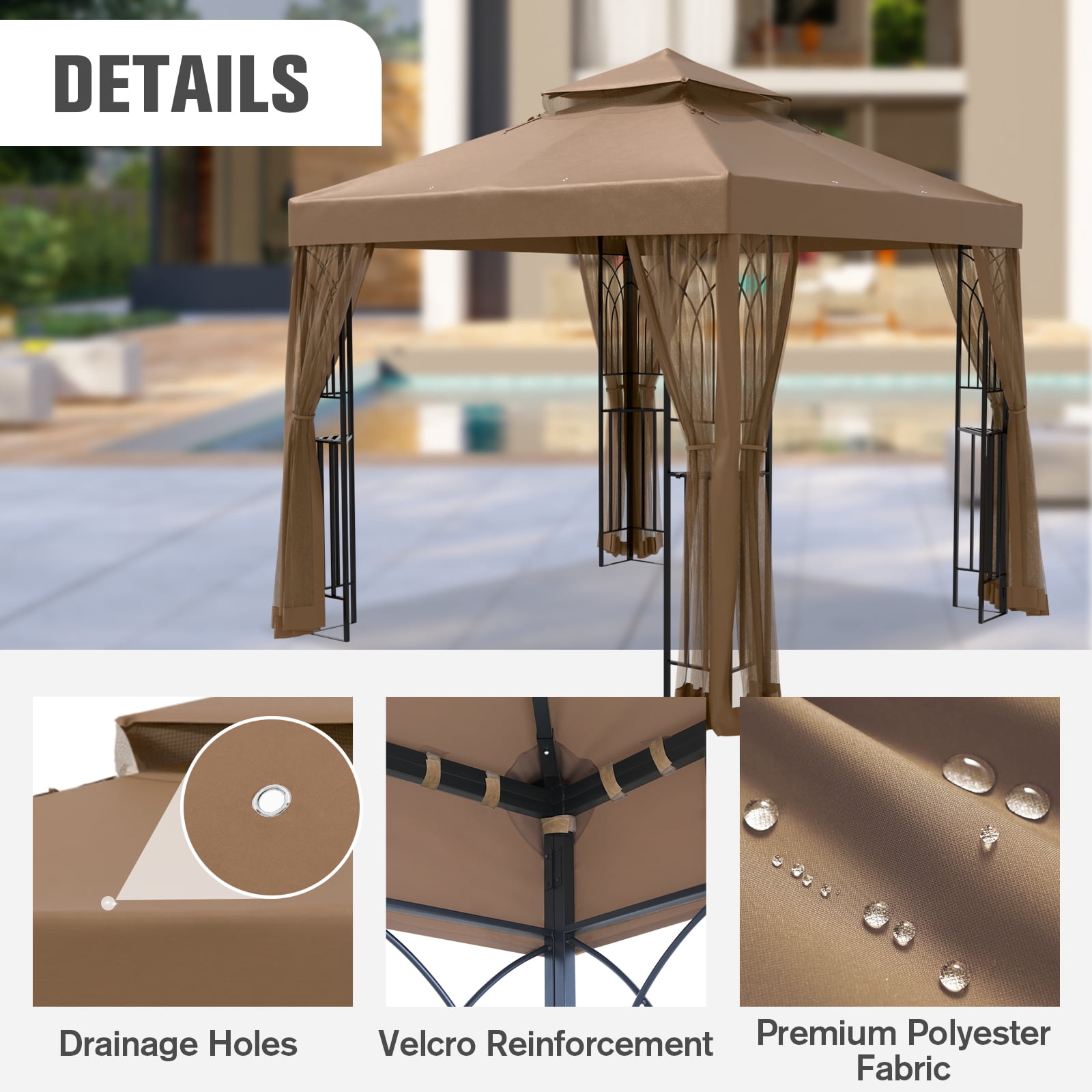 COOS BAY 8 ft. W x 8 ft. D Brown Outdoor Patio Soft Vented Top Gazebo with Zipped Netting, Corner Shelves, Ceiling Hook