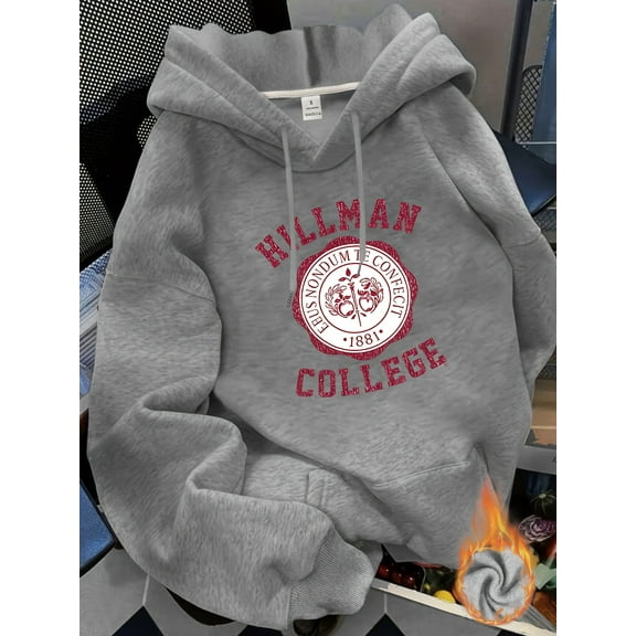 Women's Hoodie - Vintage Collegiate Sweatshirt with Hillman College EST.1973 Print, Front Pocket Hooded Pullover in Gray & Red, Machine Washable Non-Stretch Winter Sweater for Alumni,