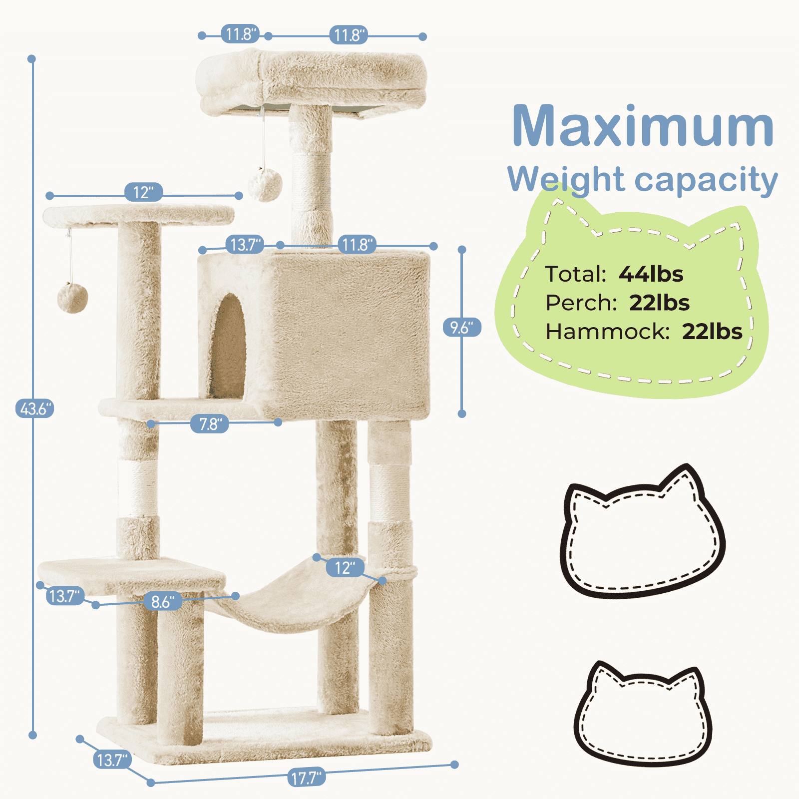 MAYEERTY 44-inch Cat Tree Tower Multi-Cat Climbing Natural Sisal Scratching Posts Extended Platform Hammock