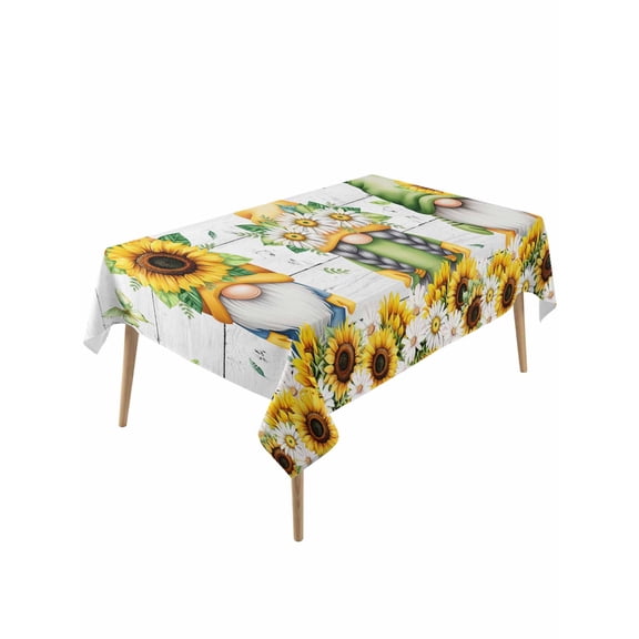 Spring Gnomes Table Cloth, Waterproof Tablecloth for Rectangle Tables, Botanical Yellow Flowers Leaves Wooden Plank Reusable Washable Fabric Table Cover for Restaurant Kitchen Dining Tables 54"x108"