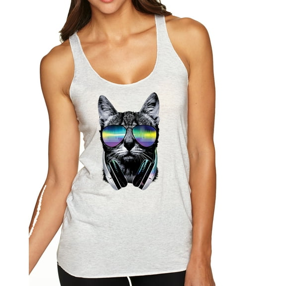 Wild Bobby, DJ Kitty Cat with Headphones | Womens Cat Lover Premium Tri-Blend Racerback Tank Top, Heather White, Small