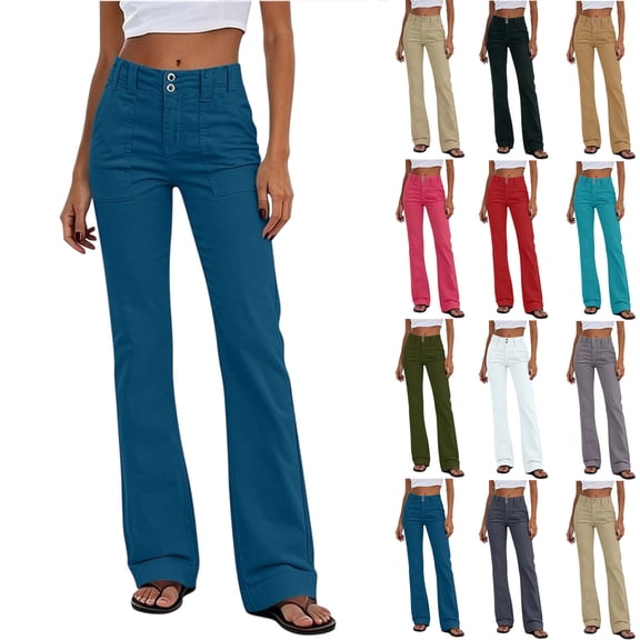 Hvogkswy Straight Leg Cargo Pants Women, Solid High Waist Flared Pants Button Zipper Pullover Lightweight Casual Hiking Pants with Pockets
