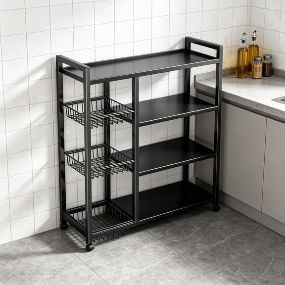 TLCEKVEC 4-Tier Heavy-Duty Metal Storage Rack with Wheels and Wire Baskets Organizer for Kitchen & Pantry, Black