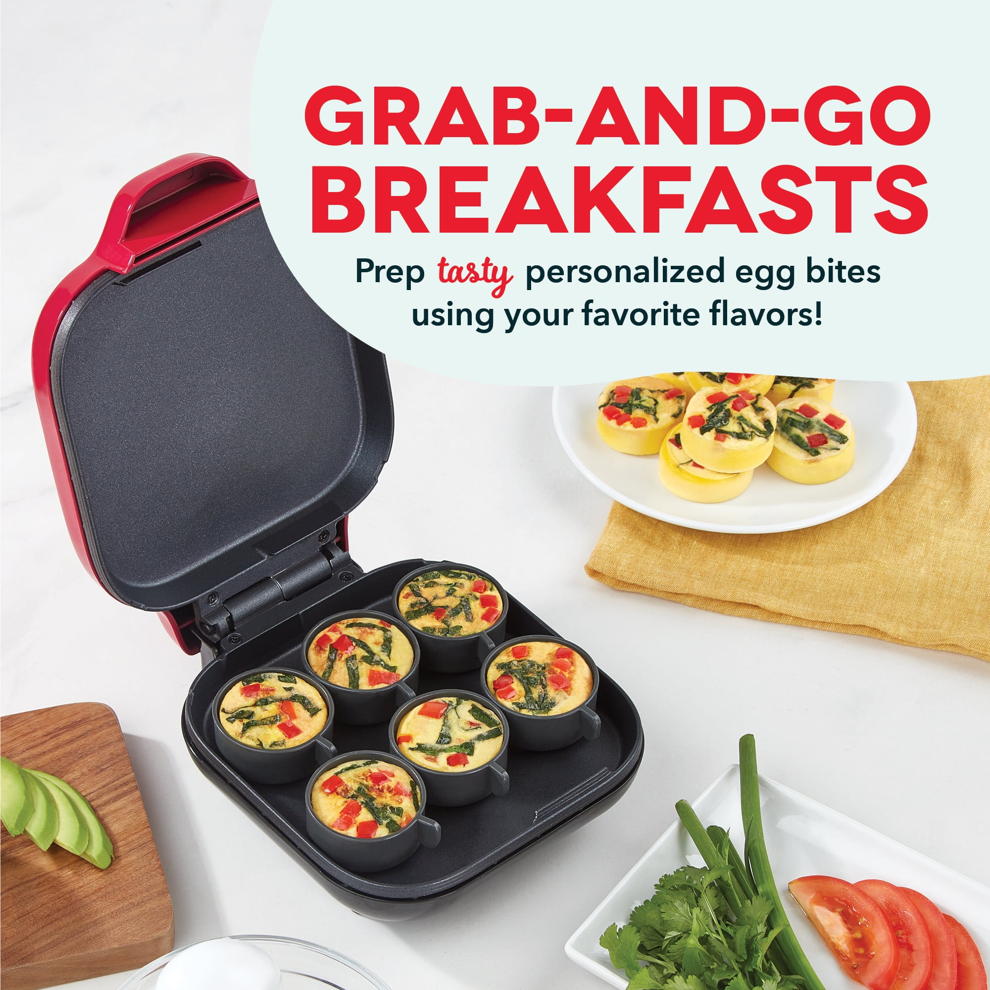 Dash Deluxe Sous Vide Style Egg Bite Maker with Silicone Molds for Breakfast Sandwiches, Healthy Snacks or Desserts, Keto & Paleo Friendly, Makes 6 Egg Bites, Red