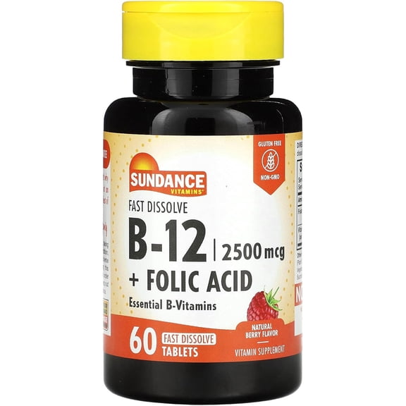 Fast Dissolve Vitamin B-12 | With Folic Acid | 2500mcg | 60 Count | Berry Flavor | by Sundance