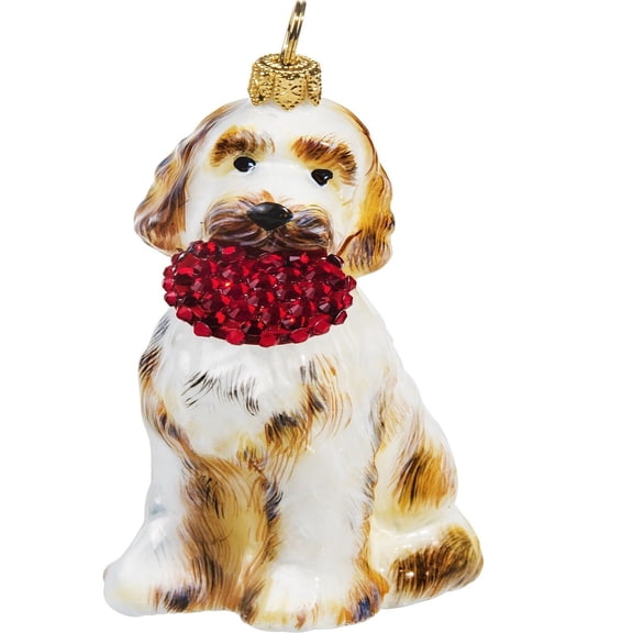 Goldendoodle with Crystal Flying Disc Polish Glass Christmas Ornament