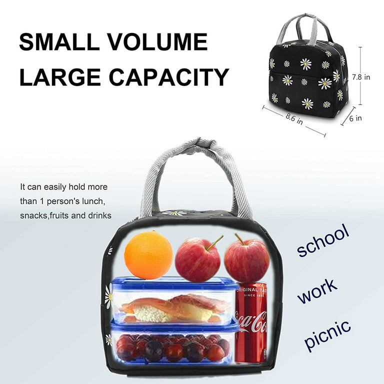 InsulatBag Women, Reusable Cute Tote Lunch Box for Adult & Men, Leakproof  Cooler Lunch Bags for Work Office Travel Picnic (Black with White Daisy)