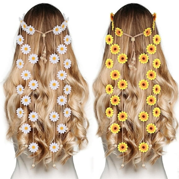 Tutuviw Adjustable Flower Headbands, Sunflower Hairbands, Handmade Headdress Rope, Floral Hippie Crown Daisy Hair Accessories for Hippy Outfits Costume Party Women (2Pcs)