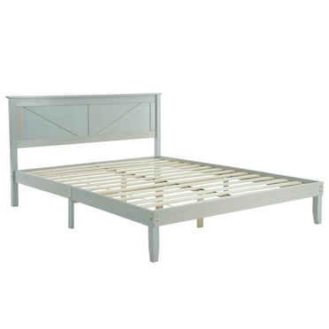 Full Size Washed Grey Wooden Bed with Angled Top Headboard – No Footboard, Space-Saving Modern Design