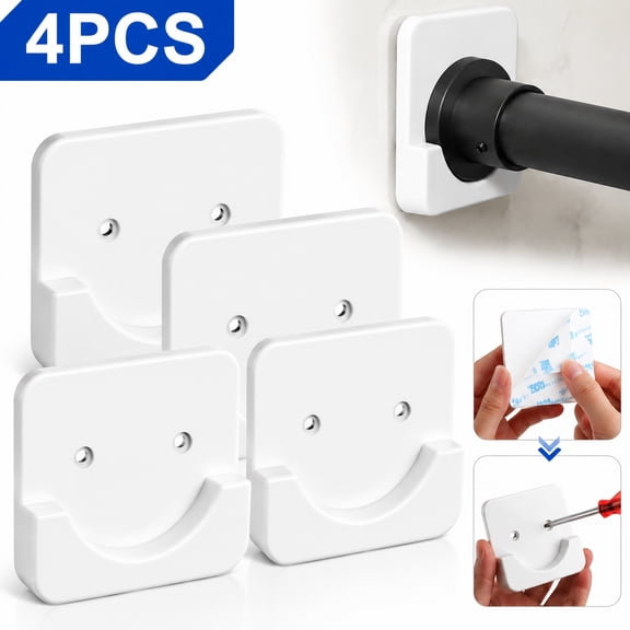 4 Pack No Drill Shower Curtain Rod Holder, Adhesive Tension Rod Retainer Wall Mount, No Tools Needed, Stainless Steel Material, Strong Sticky Tape for Tile, Bathroom, Kitchen (White)