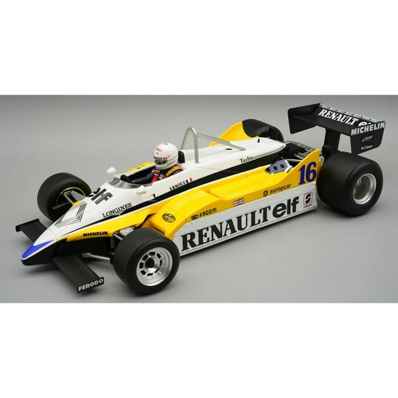 Renault RE30B #16 Winner F1 "Italian GP" (1982) "Mythos Series" with Driver Figure and Display Case 1/18 Model Car by Tecnomodel