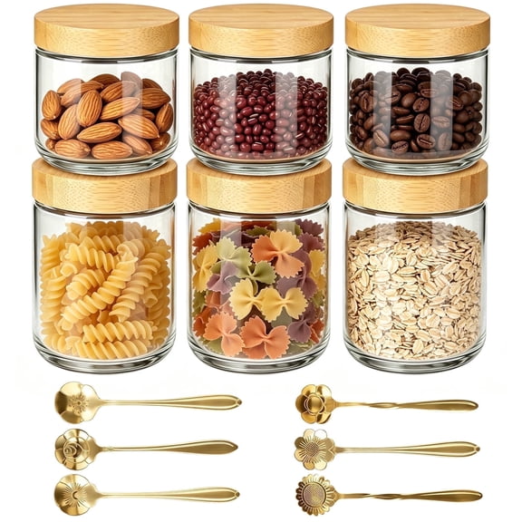 CWYEYE 6 Pack Glass Jar with Wooden Lid: 16oz & 12oz Airtight Food Storage Containers with Flower Spoons, Kitchen and Pantry Organizer for Overnight Oats, Coffee Beans, Nuts, Sweets, Pickles
