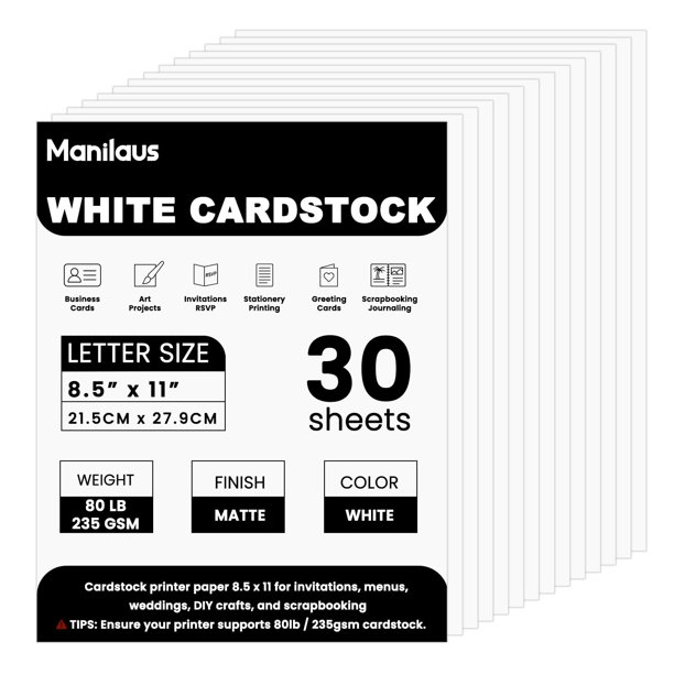 Cartulina Manilaus 21.5 x 27.9 cm 80 lb blanca mate, 30 hojas