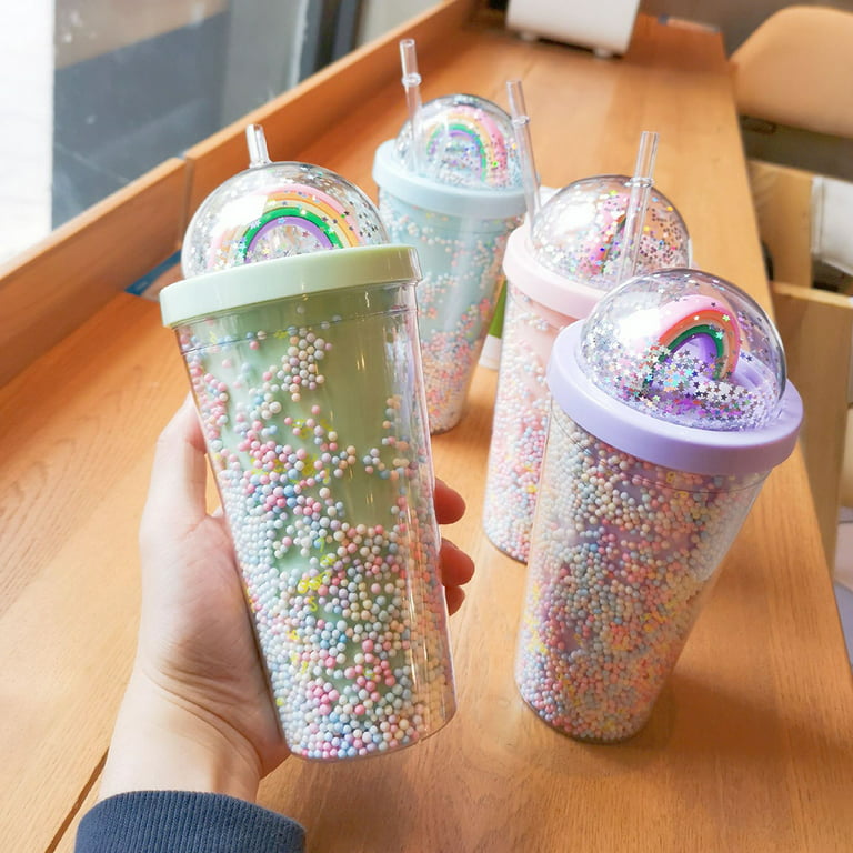 Reusable Plastic Tumbler With Dome Lids Bubble Rainbow Decor 2-Layer Cups  550ml Tumbler With Straw Double Wall Bottle Cup Plastic Cups With Lids B