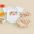 thumbnail image 2 of Ensemble de Vêtements de Récolte pour Bébé, Manches Courtes, Barboteuse à Imprimé Citrouille/lettre + Short Triangle à Imprimé + Bandeau à Nœud, 2 of 8