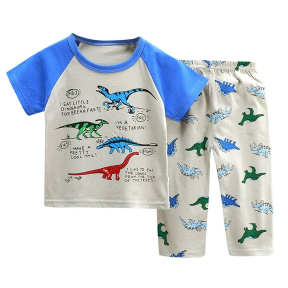 ZACPNCV Pajamas for Toddler Boys Dinosaur Printed Short Sleeve and Pants Sleepwear 2-pieces Kids Summer PJS Blue 6-7 Years