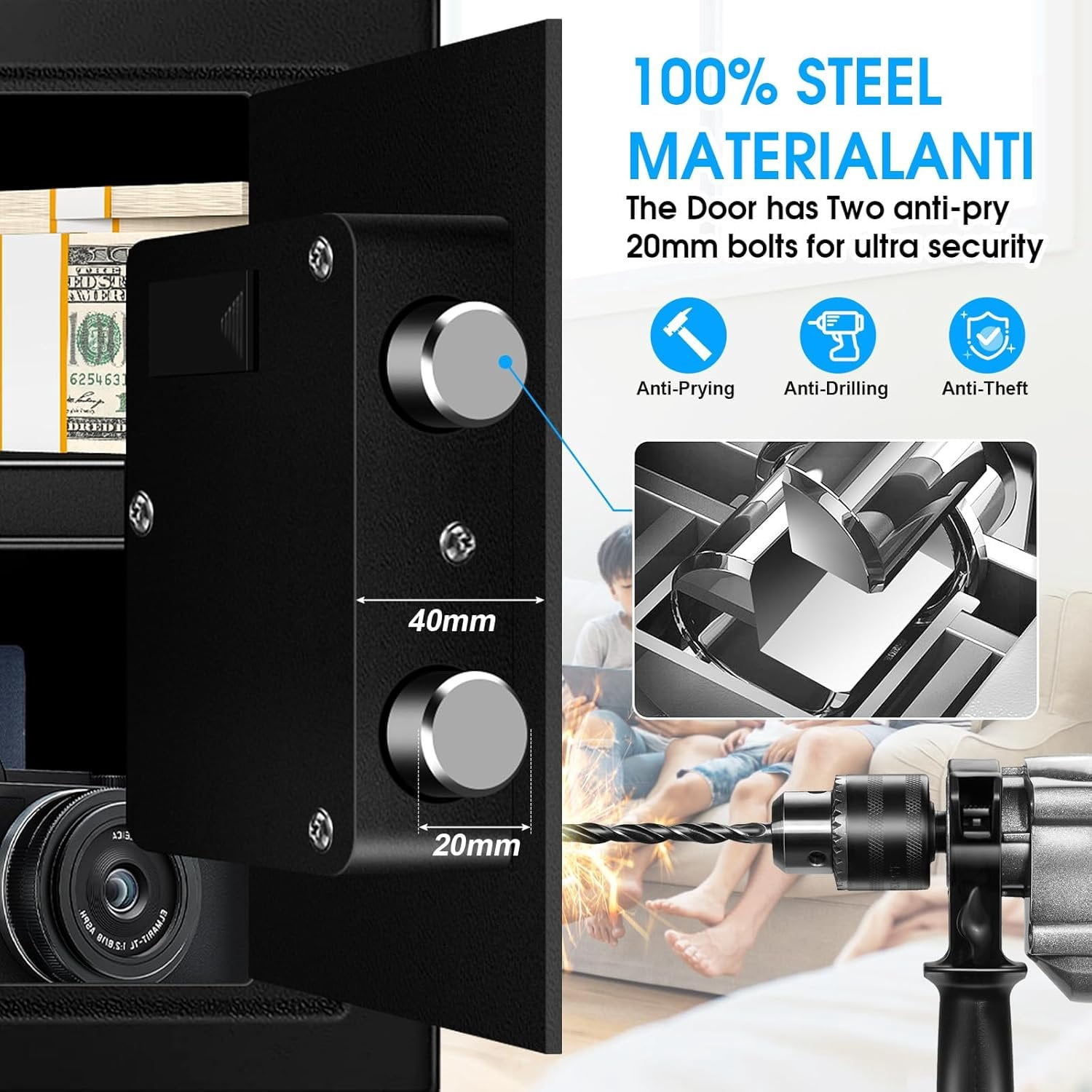 1.6 Cuft Fire proof Safes for  USE, Anti- Digital  Safety Box with Programmable Keypad and Spare ,  Safes Fireproof  for   Document Valuables