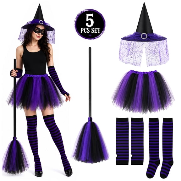 Witch Costume for Women 5 Pcs, Halloween Tutu Skirt Hat Socks Arm Warmers Broom, Adult Witch Costume Accessories Purple