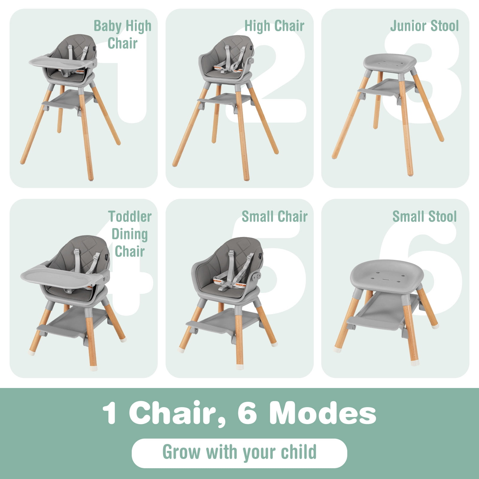 Costway 6-in-1 Convertible Wooden Baby Highchair Infant Feeding Chair with Removable Tray Gray