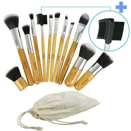 Zeny® 11+1 Piece Makeup Brush Set, 12 Pcs Professional Bamboo Handle Foundation Blending Blush Eye Face Liquid Powder Cream Cosmetics
