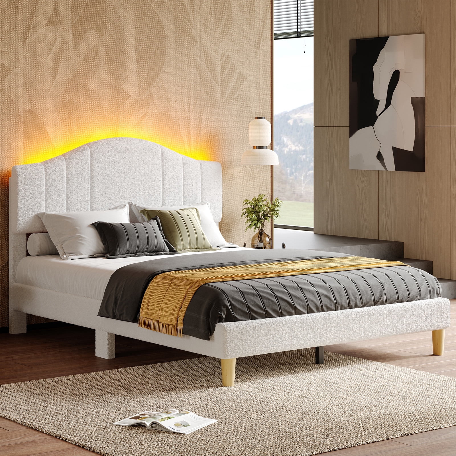 Pinmoco Queen Upholstered Bed Frame with Adjustable Arc-shaped Headboard, LED Platform Bed, Teddy Velvet White