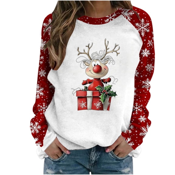 Lorytime Christmas Sweatshirt for Women Fall Reindeer Print Shirt Crew Neck Long Sleeve Pullover Loose Tops