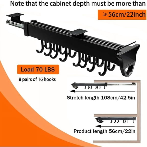 Pull Out Pot Rack, 22" Pull Out Pots and Pans Organizer with 16 Hook, Aluminum Alloy Hanging Pot Rack, Expandable Utility Rack, Sliding Under Cabinet Organization for Kitchen, Cabinet, Closet