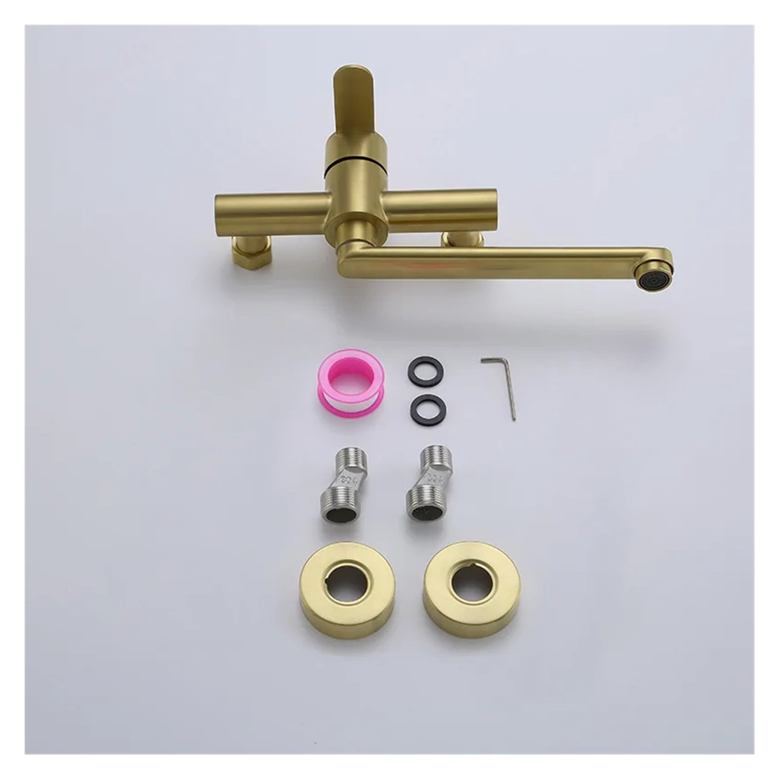 Brushed Gold Wall Mounted Kitchen Faucet, Bathtub Bathroom Basin Faucet, 180° Rotation Hot Cold Water Mixer Mop Pool Tap Dual Hole