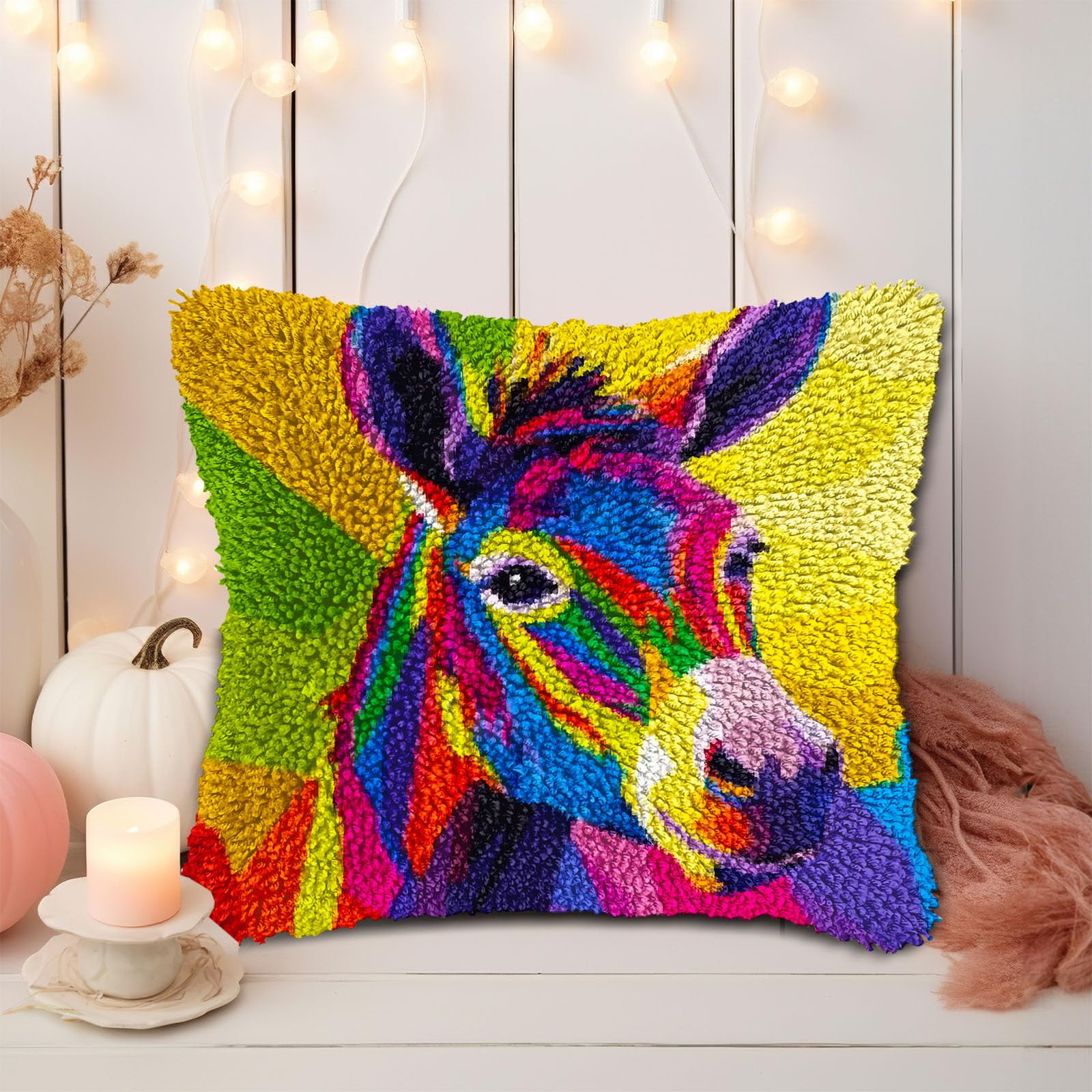 Colorful Donkey DIY Latch Hook Pillow Kits for Adults Printed Pillowcase Crochet Yarns Hooking Handmade Pillow Cover Cushion for Home Sofa Decoration 17x17inch