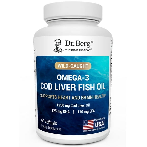 Dr. Berg Omega-3 Cod Liver Oil Softgels – 1250 mg Fish Oil with EPA DHA, Natural Lemon Flavor, 60 Count