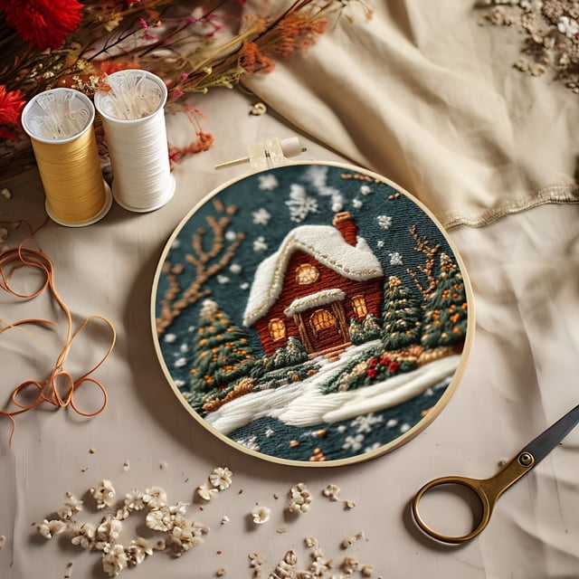 SnowVibe Christmas Forest Snow House Hand Embroidery DIY Kit - Handmade Fabric Material for Creative Needlework and Embroidery Projects