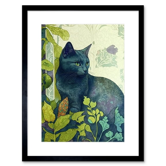 Russian Blue Cat with Bright Ornate Plants Modern Art Nouveau Illustration Artwork Framed Wall Art Print 9X7 Inch