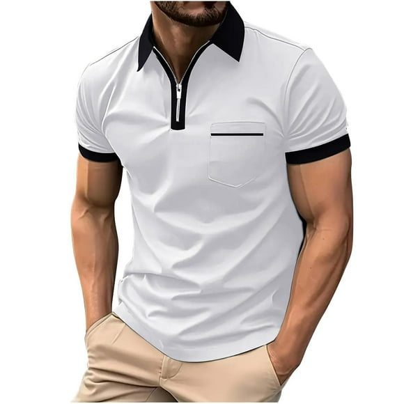 JURANMO Business Casual Shirts for Men Short Sleeve Polo Shirt 1/4 Zip Collar Tee Tops 2024 Fashion Summer Golf T-shirt with Pocket Deals of the Day White M