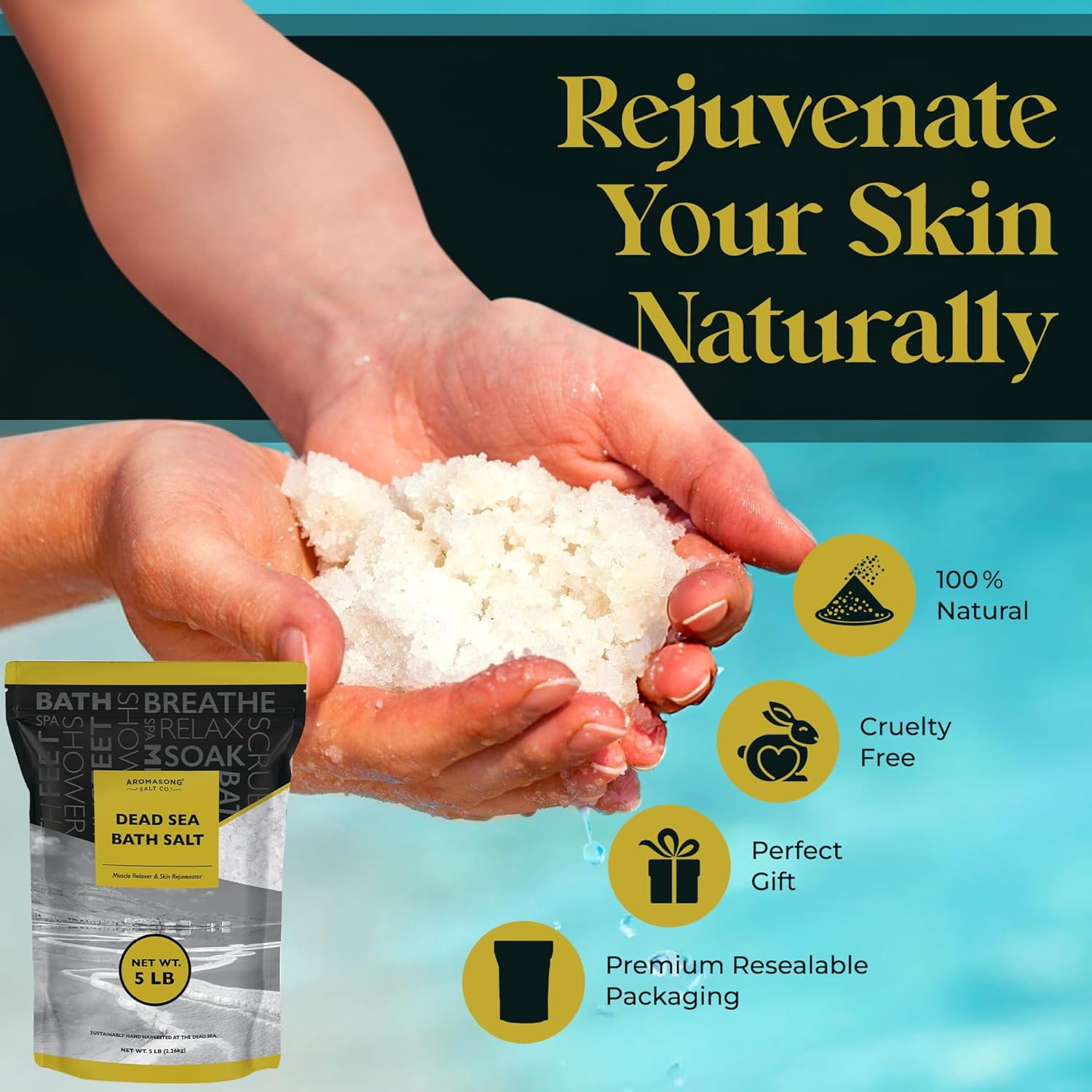 Aromasong Dead Sea Salt Bath Soak, 5 lb Bulk Mineral Sea Salt for Bath, Foot Soak, Detox & Home Spa Use