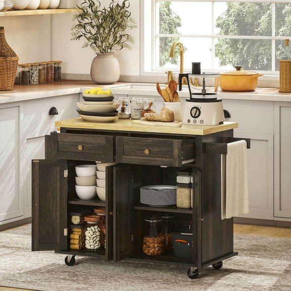 Spaco Kitchen Island Cart with Rubber Wood Top, Rolling Kitchen Island Table on Wheels with Drawers and Adjustable Shelves, Kitchen Island for Indoor as Kitchen, Bar, Dining Room, Brown