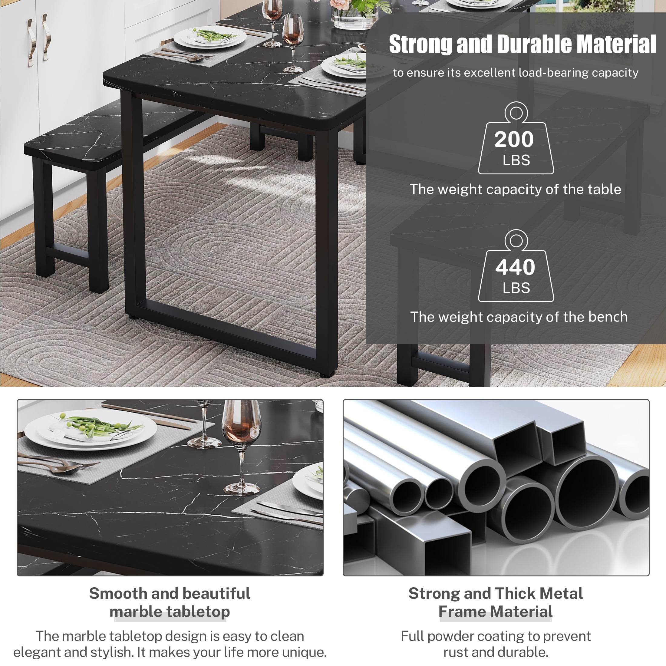 PORKISS 47.2" Dining Table Set for 4, Kitchen Table with 2 Benches, Wood Dining Room Dinette Sets with Metal Frame for Breakfast Nook and Small Space - Black