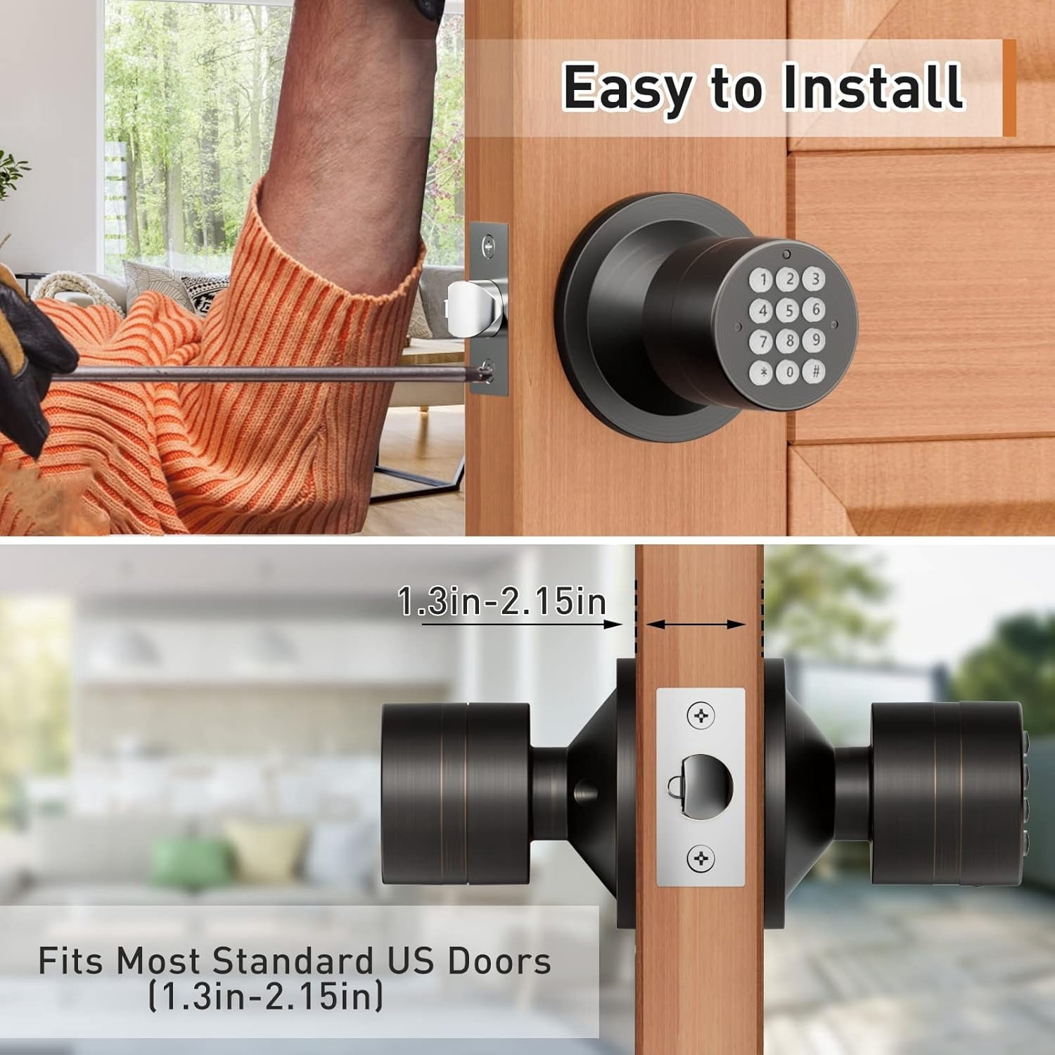 Keyless Entry Door Lock,Door Knob with Keypad，Smart Code Door Lock,Mute Mode,Passage Function, Easy to Install,Oil Rubbed Bronze