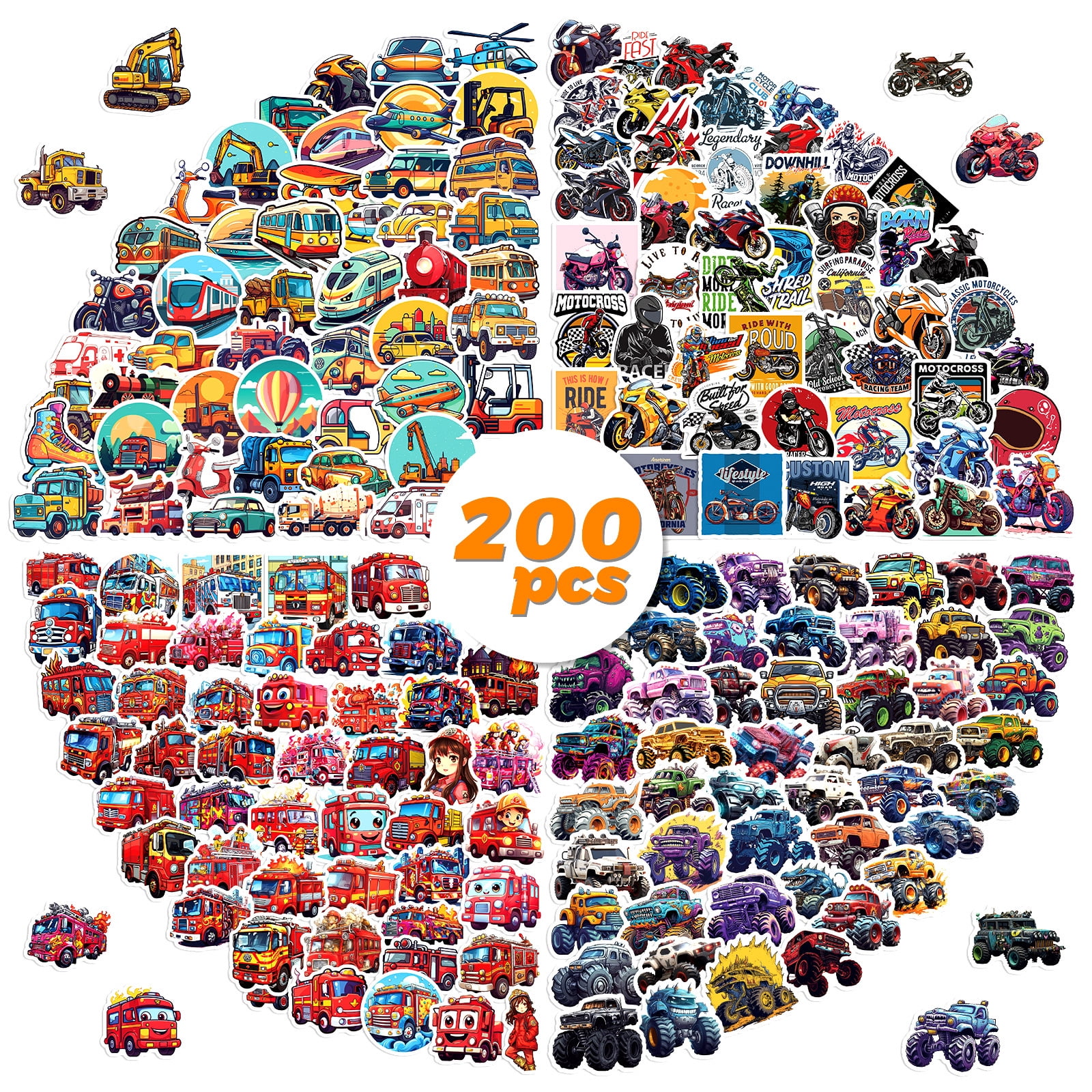 50-200 Pack Transportation Vehicles Stickers - Popular Cartoon Cars, Trucks, and More, Waterproof Stickers for Kids