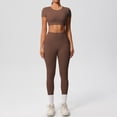 thumbnail image 4 of Telankuip 2 Piece Yoga Sets for Women Solid Color Stretchy Breathable Yoga Running Gym Fitness Short Sleeve Crop Top with High Waist Leggings Two Piece Workout Outfits Coffee M, 4 of 5